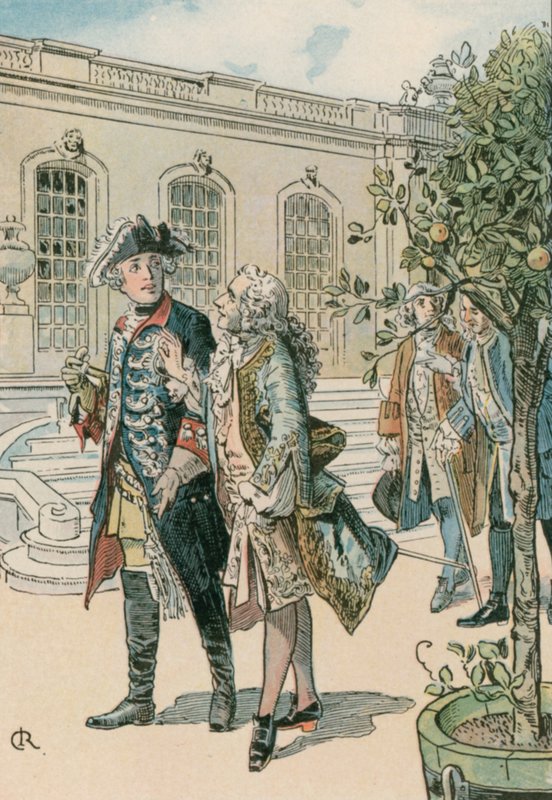 Fredrik Suuri (1712-1786) keskustelemassa ranskalaisen filosofin Voltairen (1694-1778) kanssa. tekijältä Carl Rohling