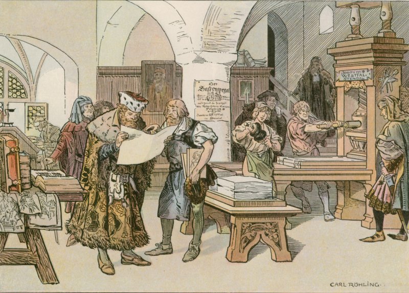 John Cicero Stendalin ensimmäisen kirjapainon palveluksessa vuonna 1490. tekijältä Carl Rohling