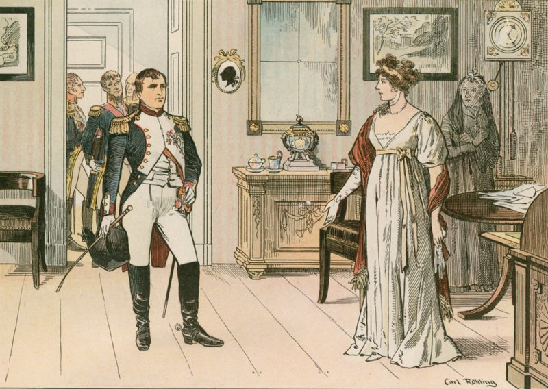 Preussin kuningatar Louise (1776-1810) ja Napoleon I (1769-1821) Tilsitissä vuonna 1807 Tilsitin toisen sopimuksen allekirjoittamisen yhteydessä tekijältä Carl Rohling