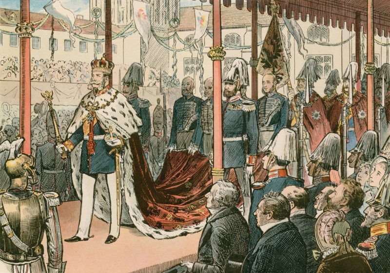 Preussin kuninkaan ja ensimmäisen Saksan keisarin (1797-1888) Wilhelm I:n kruunaus Königsbergissä vuonna 1861 tekijältä Carl Rohling