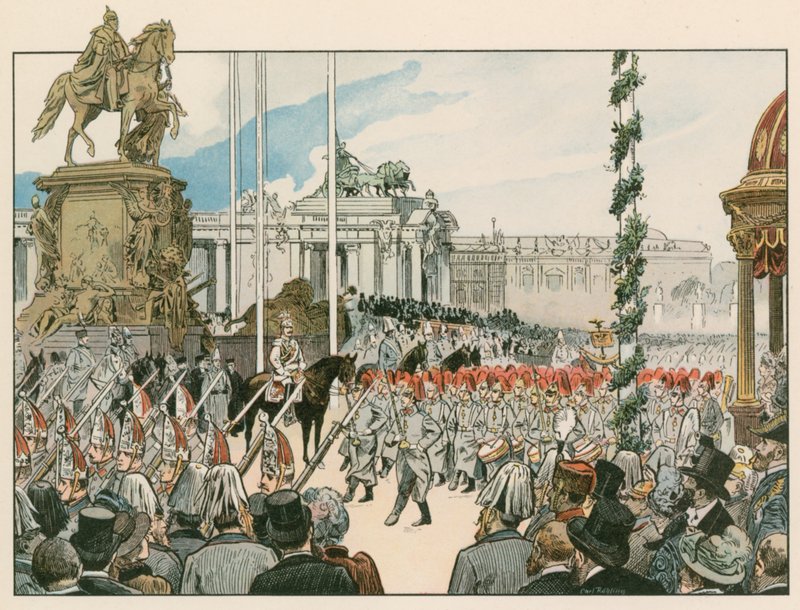 Saksan keisari ja Preussin kuningas Vilhelm II (1859-1941) Berliinin kansallisen muistomerkin vihkimistilaisuudessa vuonna 1897. tekijältä Carl Rohling