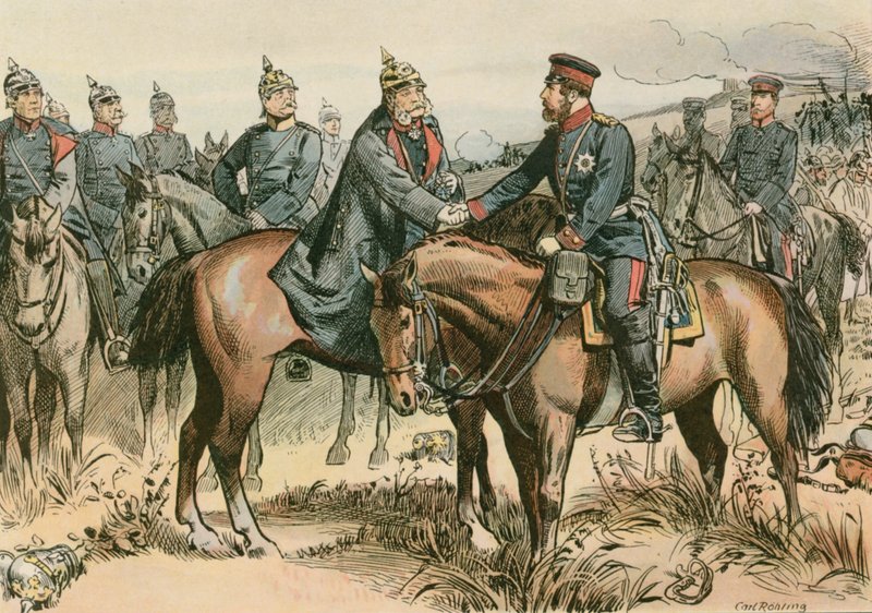 Wilhelm I, Preussin kuningas ja ensimmäinen Saksan keisari (1797-1888) tervehtimässä poikaansa Sadowassa vuonna 1866 tekijältä Carl Rohling