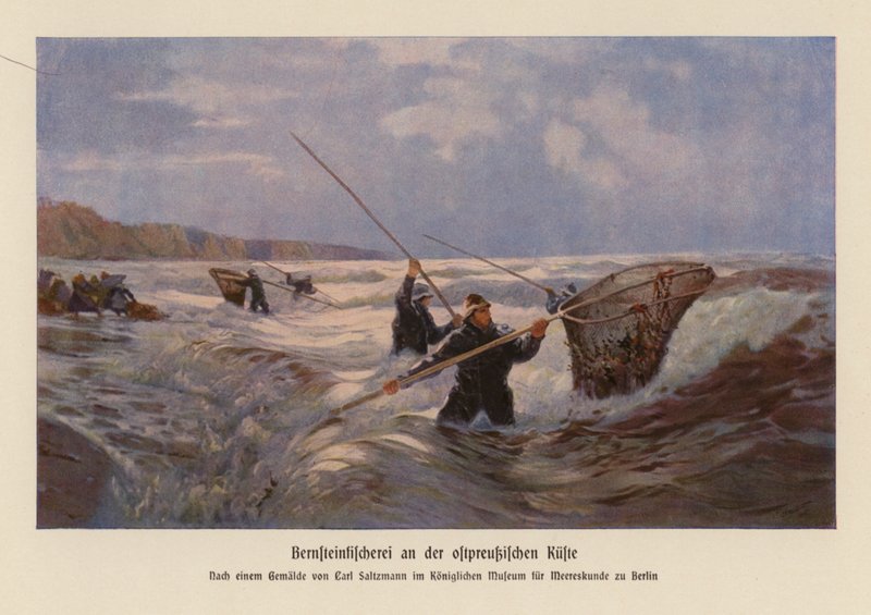 Meripihkan keräys Itämerellä, Itä-Preussissa (värilitografia) tekijältä Carl Saltzmann