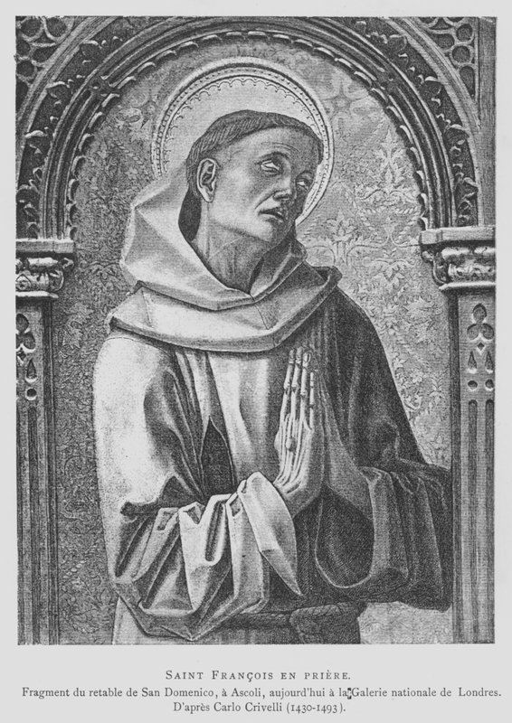 Pyhä Franciscus Assisilainen rukoilee (litho) tekijältä Carlo Crivelli