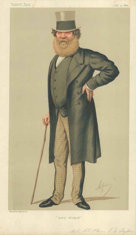 Eversti The Right Hon Thomas Edward Taylor, Lately whipped, 4. heinäkuuta 1874, Vanity Fair -sarjakuva tekijältä Carlo Pellegrini