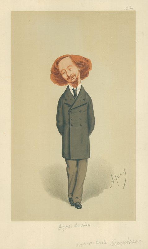 Herra Algernon Charles Swinburne, Ennen auringonnousua, 21. marraskuuta 1874, Vanity Fair -sarjakuva tekijältä Carlo Pellegrini