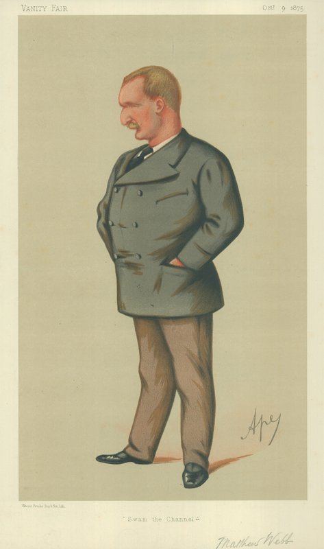 Herra Matthew Webb, Swam the Channel, 9. lokakuuta 1875, Vanity Fair -sarjakuva tekijältä Carlo Pellegrini