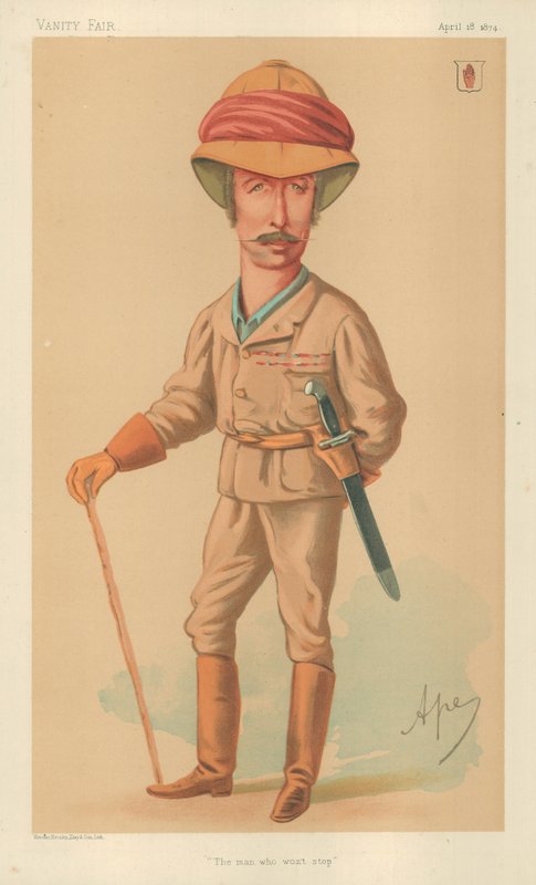 Sir Garnet J. Wolseley, Mies, joka ei pysähdy, 18. huhtikuuta 1874, Vanity Fair -sarjakuva. tekijältä Carlo Pellegrini