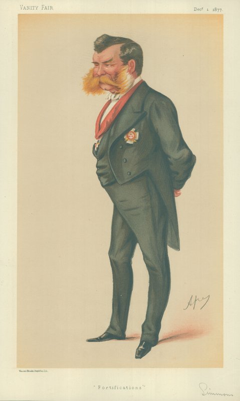 Sir John Lintorn Arabin Simmons, Linnoitukset, 1. joulukuuta 1877, Vanity Fair -sarjakuva tekijältä Carlo Pellegrini