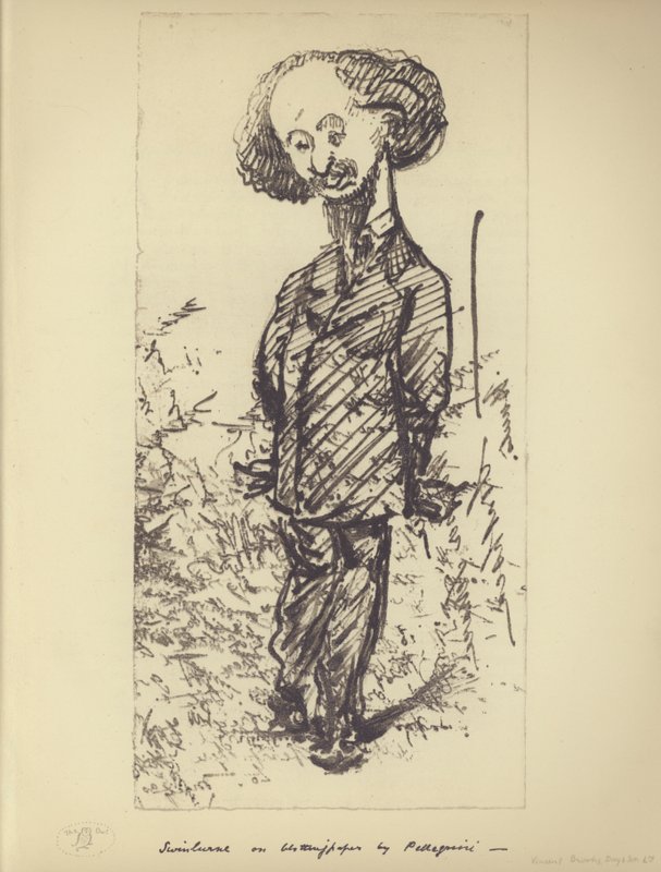 Swinburne imupaperilla (englanninkielisen kirjailijan Algernon Charles Swinburnen karikatyyri) (litho) tekijältä Carlo Pellegrini