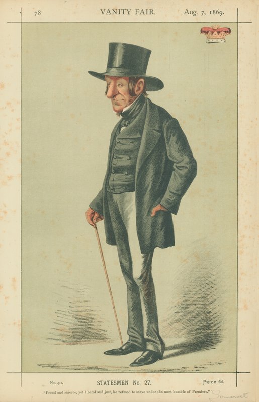 Somersetin herttua, ylpeä ja vilpitön mutta liberaali ja oikeudenmukainen, hän kieltäytyi palvelemasta tämän vaatimattomimman pääministerin alla, 7. elokuuta 1869, Vanity Fair -sarjakuva tekijältä Carlo Pellegrini