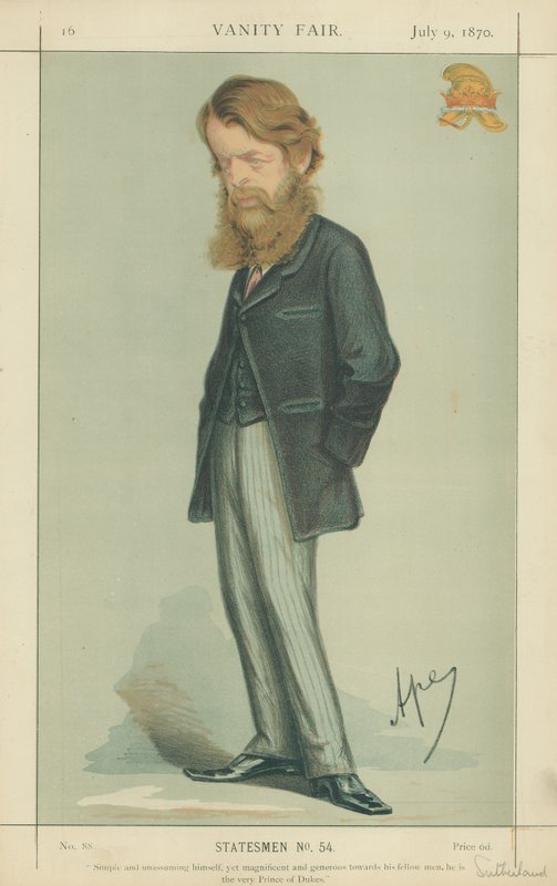 Sutherlandin herttua, yksinkertainen ja vaatimaton, mutta silti upea ja antelias toisiaan kohtaan, hän on herttuoiden prinssi, 9. heinäkuuta 1870, Vanity Fair -sarjakuva tekijältä Carlo Pellegrini