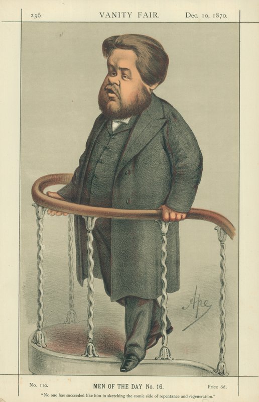 Pastori Charles Spurgeon, Kukaan ei ole onnistunut hänen tavoin piirtämään katumuksen ja uudestisyntymisen koomista puolta, 17. heinäkuuta 1880, Vanity Fair -sarjakuva tekijältä Carlo Pellegrini