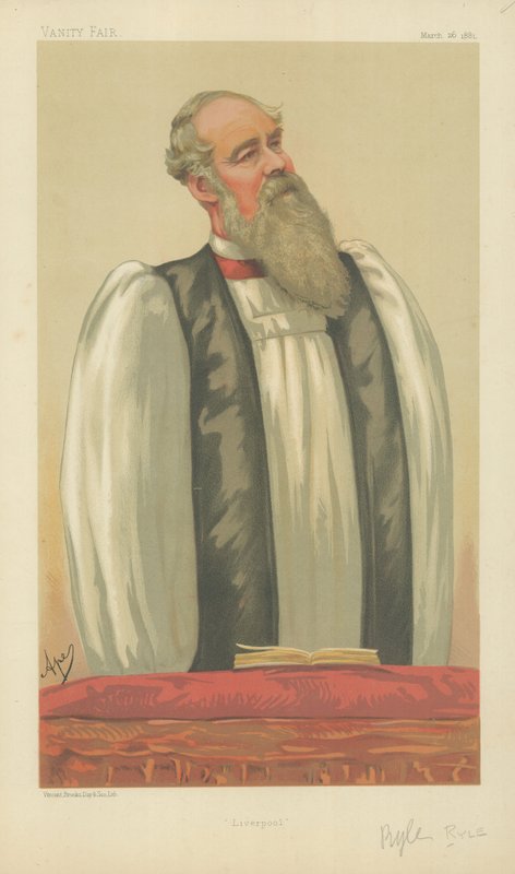 The Right Rev John Charles Ryle, Liverpoolin piispa, Liverpool, 26. maaliskuuta 1881, Vanity Fair -sarjakuva. tekijältä Carlo Pellegrini