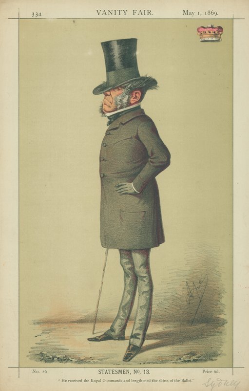 Varakreivi Sydney, Hän sai kuninkaalliset komennot ja pidentää baletin hameita, 1. toukokuuta 1869, Vanity Fair -sarjakuva tekijältä Carlo Pellegrini
