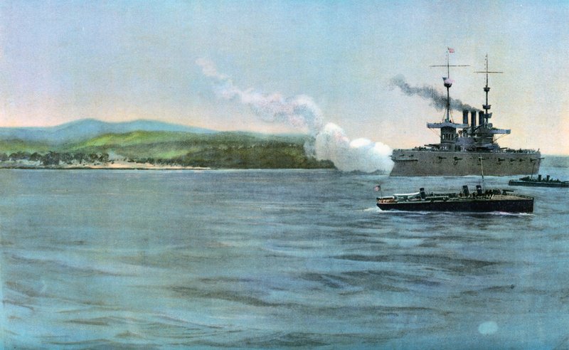 Admiral Sampsonin lippulaiva, Yhdysvaltain panssariristeilijä New York, ampumassa espanjalaisen ratsuväen rannikkovartiostoa, Cabanasin edustalla, 29. huhtikuuta 1898 tekijältä Carlton Theodore Chapman