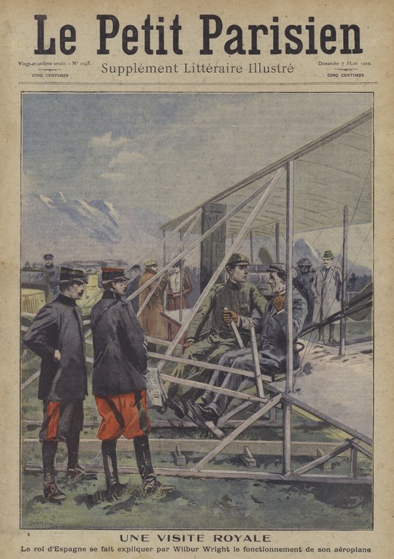 Wilbur Wright selittää lentokoneensa toimintaa Espanjan kuningas Alfonso XIII:lle. tekijältä Carrey