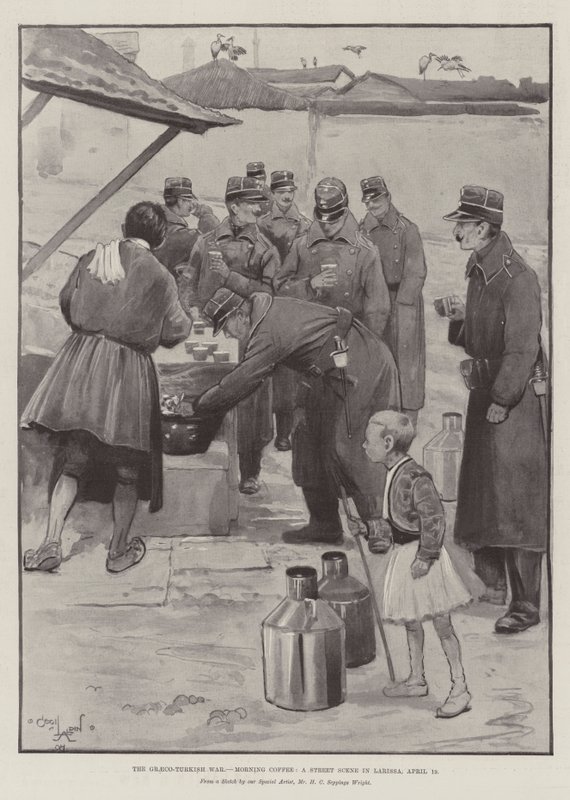 Graeco-turkkilainen sota, aamukahvi, katukohtaus Larissa, 19. huhtikuuta tekijältä Cecil Charles Windsor Aldin