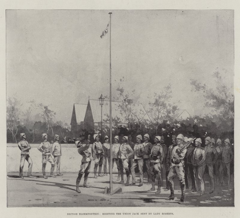 Brittiläinen Bloemfontein, joka nostaa Lady Robertsin lähettämän Union Jackin. tekijältä Charles Auguste Loye