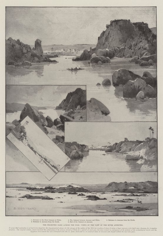 Suunnitellut padot Niilin yli, näkymät joen osalle, joka vaikuttaa tekijältä Charles Auguste Loye