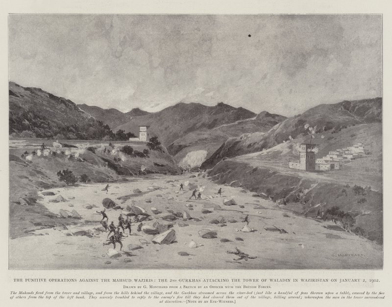 Rangaistusoperaatiot Mahsud Wazireja vastaan, toinen gurkha, joka hyökkäsi Waladinin torniin Waziristanissa 2. tammikuuta 1902 tekijältä Charles Auguste Loye