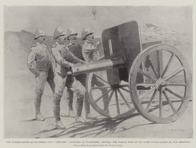 Vickers-Maxim-pikalaukaisuase (Pom-Pom), joka vangittiin Paardebergissä, näyttää vaurion, jonka sirpaleemme teki sen ulkopuoliselle vesitakille. tekijältä Charles Auguste Loye