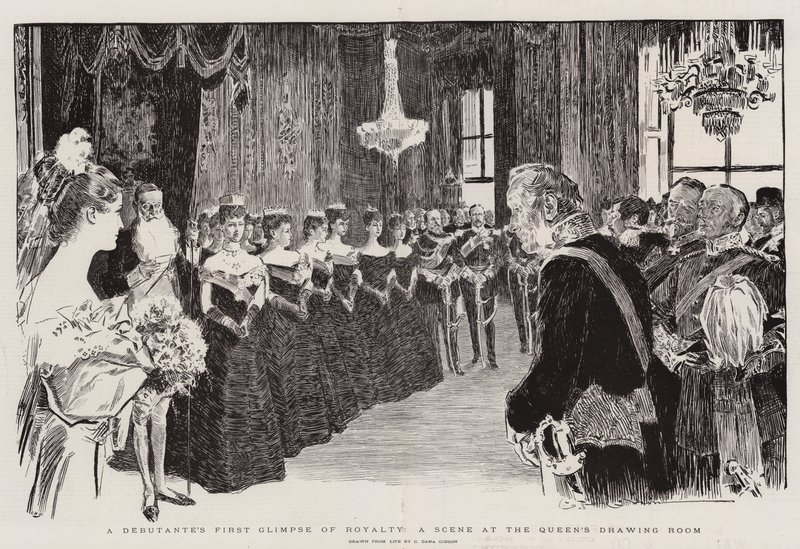 Debutantin ensimmäinen välähdys rojaltimaailmasta, kohtaus kuningattaren olohuoneessa tekijältä Charles Dana Gibson