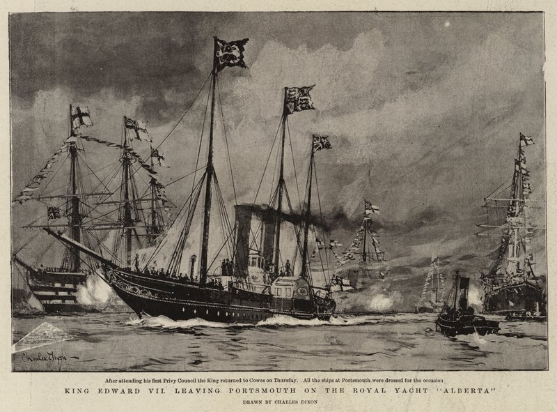 Kuningas Edward VII lähdössä Portsmouthista Royal Yacht Alberta -aluksella. tekijältä Charles Edward Dixon