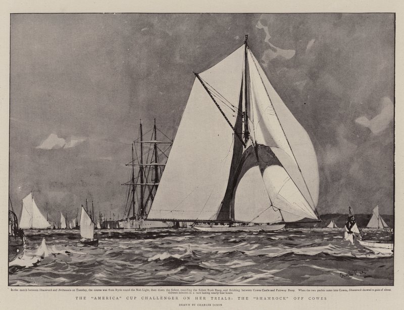 America Cup Challenger kokeissaan, Shamrock Cowesin ulkopuolella tekijältä Charles Edward Dixon