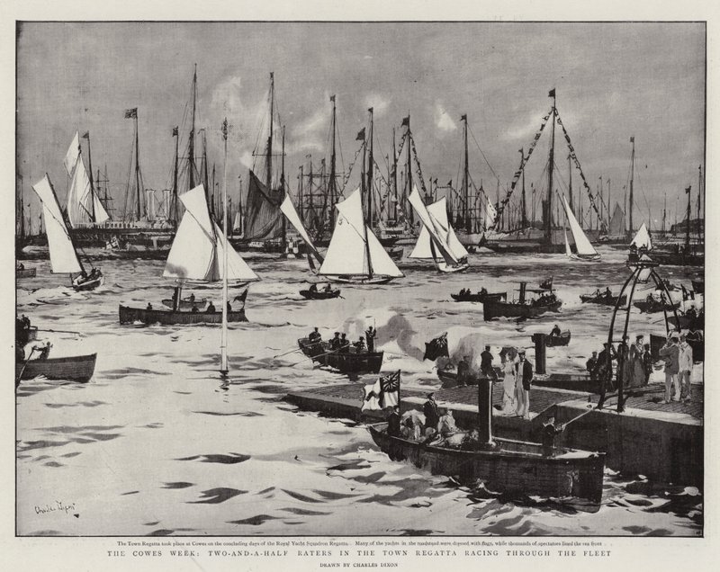 Cowes Week, kaksi ja puoli arvioijaa Town Regatta kilpailee laivaston läpi tekijältä Charles Edward Dixon