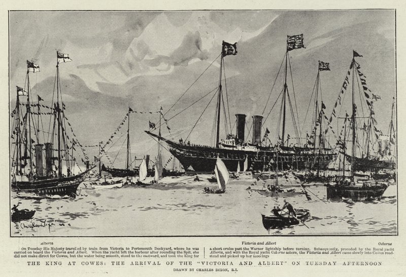 Kuningas Cowesissa, Victorian ja Albertin saapuminen tiistai-iltapäivällä tekijältä Charles Edward Dixon