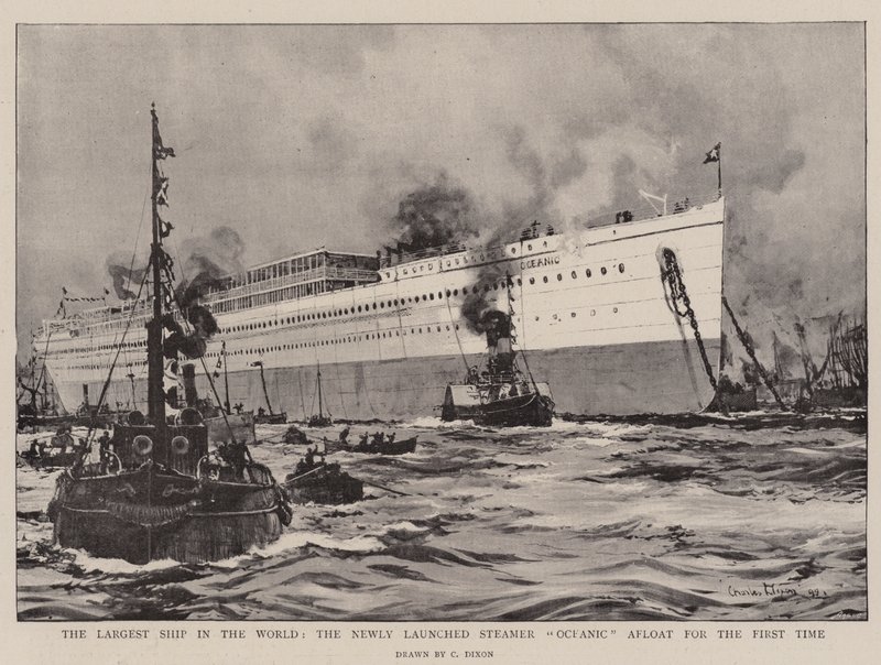 Maailman suurin laiva, hiljattain lanseerattu höyrylaiva Oceanic Afloat ensimmäistä kertaa tekijältä Charles Edward Dixon