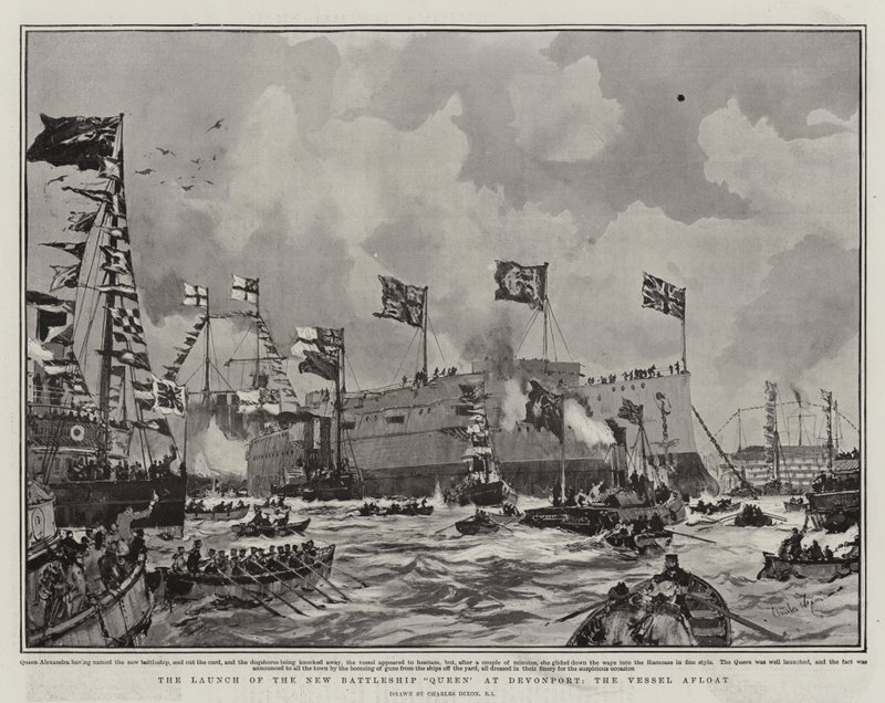 Uuden Battleship Queenin laukaisu Devonportissa, alus pinnalla tekijältä Charles Edward Dixon