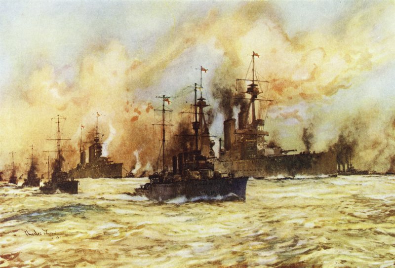 Taisteluristeilijä Indomitable hinaa haavoittunutta taisteluristeilijää Lionia Dogger Bankin taistelun jälkeen, 24. tammikuuta 1915 tekijältä Charles Edward Dixon