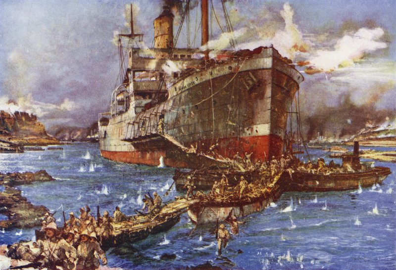 Joukkojen laskeutuminen Clyde-joelta V Beachille, Gallipolin niemimaalla, Turkissa, 25. huhtikuuta 1915 tekijältä Charles Edward Dixon