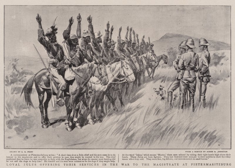 Uskolliset zulut tarjoavat palvelujaan sodassa Pietermaritzburgin maistraatille tekijältä Charles Edwin Fripp