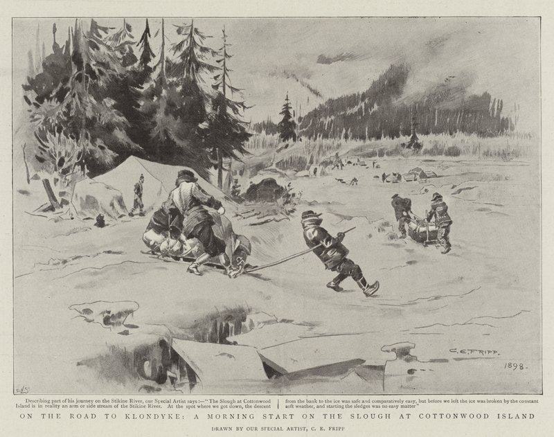 Matkalla Klondykeen, aamulähtö Sloughilla Cottonwood Islandilla tekijältä Charles Edwin Fripp