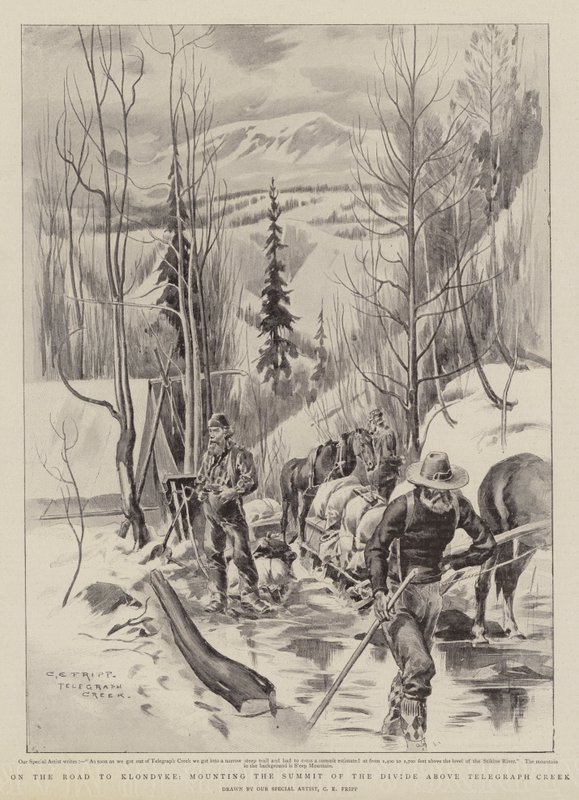 Matkalla Klondykeen, nostamassa Summit of Dividea Telegraph Creekin yläpuolelle tekijältä Charles Edwin Fripp