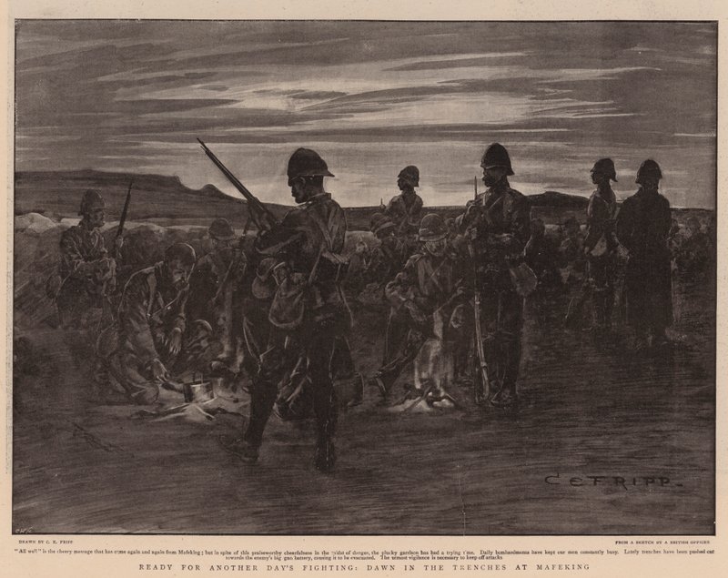 Valmiina toisen päivän taisteluun, Dawn in the Trenches at Mafeking tekijältä Charles Edwin Fripp