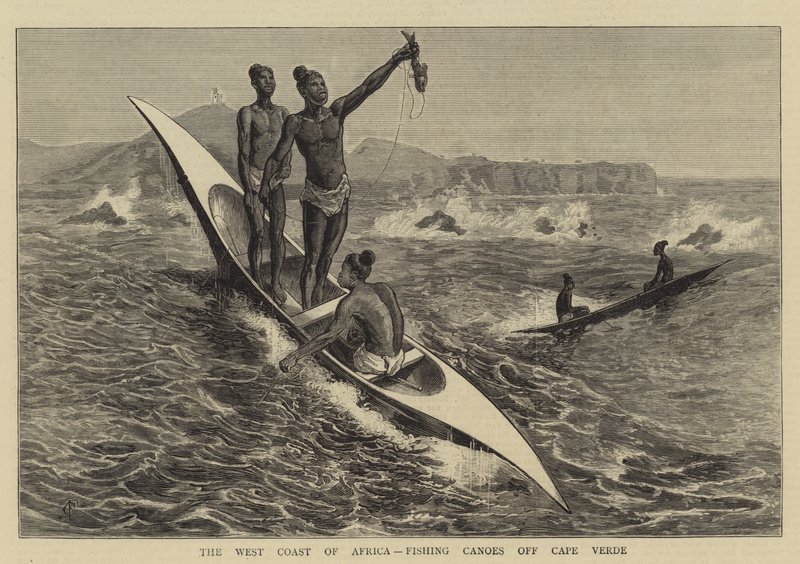 Afrikan länsirannikko, kanoottien kalastus Kap Verden edustalla tekijältä Charles Edwin Fripp