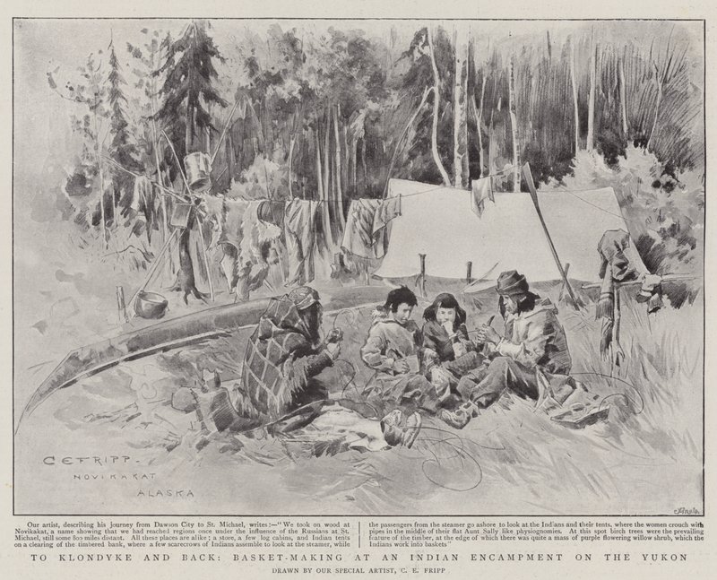 Klondykeen ja takaisin, korien tekoa intialaisessa leirintäalueella Yukonissa tekijältä Charles Edwin Fripp