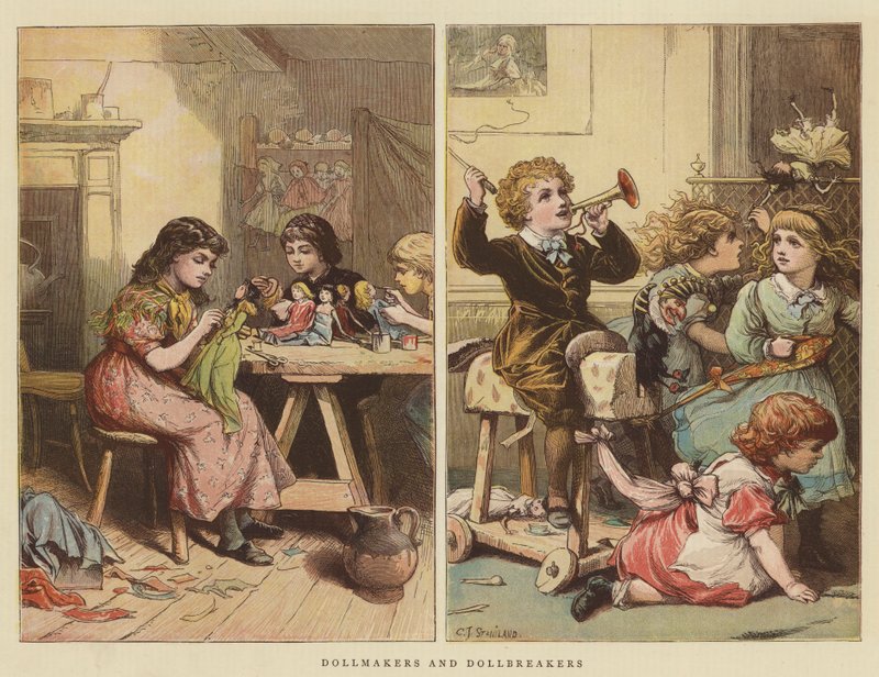Nukkevalmistajat ja nukenmurtajat (chromolitho) tekijältä Charles J. Staniland