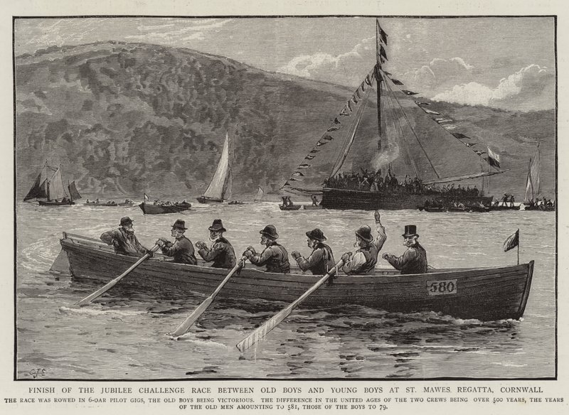 Vanhojen poikien ja nuorten poikien välisen Jubilee Challenge Race -kilpailun maali St Mawes Regattassa, Cornwallissa tekijältä Charles J. Staniland