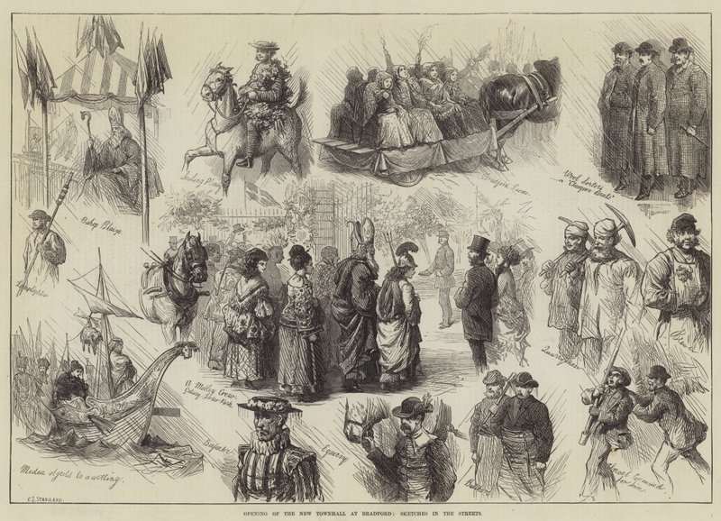Uuden kaupungintalon avaaminen Bradfordissa, Sketches in the Streets tekijältä Charles J. Staniland