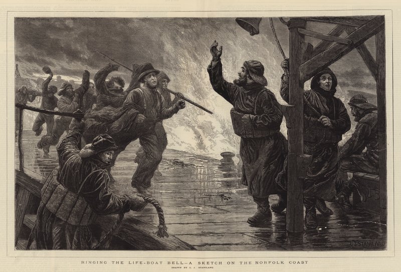 Pelastusvenekellon soittaminen, luonnos Norfolkin rannikolta tekijältä Charles J. Staniland