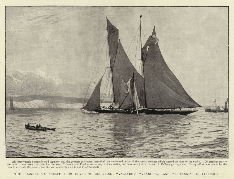 Channel Yacht-kilpailu Doverista Boulognessa, Valkyrie-, Vendetta- ja Britanniassa törmäyksessä tekijältä Charles J. Staniland