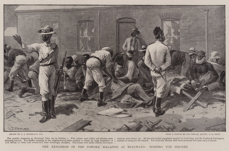 Powder Magazine -lehden räjähdys Bulawayossa, joka hoitaa loukkaantuneita tekijältä Charles J. Staniland