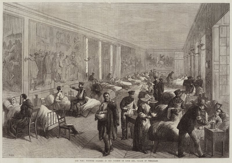 Sota, haavoittuneet sotilaat Galerie de Louis XIII:ssa, Versaillesin palatsissa tekijältä Charles J. Staniland