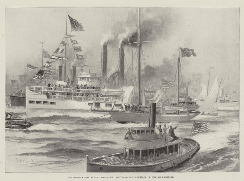 Tuleva angloamerikkalainen huvivenekilpailu, Shamrockin saapuminen New Yorkin satamaan tekijältä Charles John de Lacy