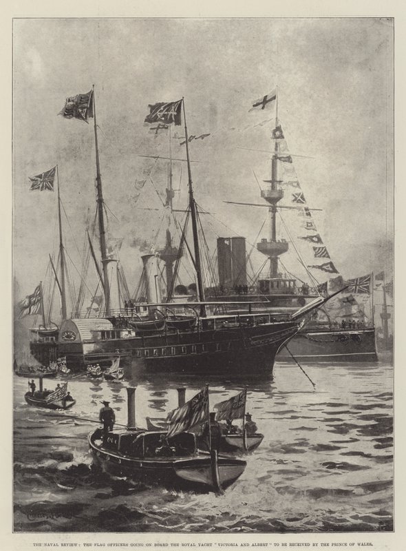Naval Review, lippuupseerit menossa Royal Yacht Victoria and Albert -alukselle Walesin prinssin vastaanotolle tekijältä Charles John de Lacy